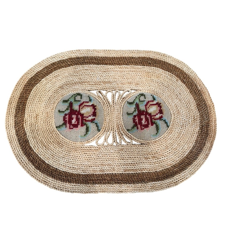 Vintage large oval Trivet Wicker Straw Rattan Floral‎ Cross Stitch Hot Pad